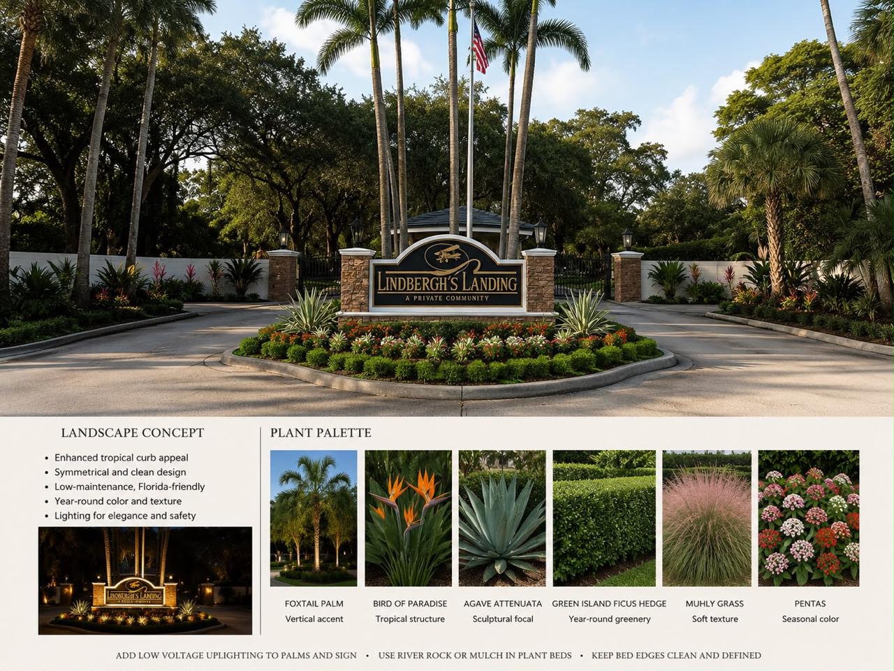 Landscape concept board showing the refreshed Lindbergh’s Landing entrance and tropical plant palette